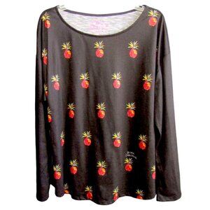 Leoma Lovegrove Pineapple Top Size XL Black Fruit Print Long Sleeve Artsy Womens